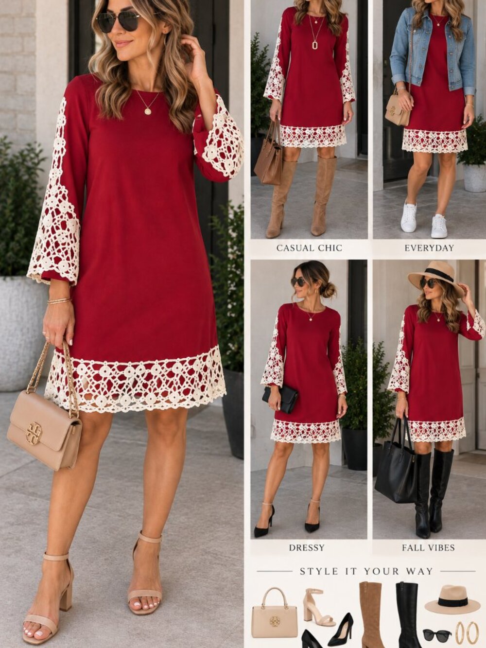 Entiro Red Tunic Dress Lace Trim Long Sleeve Size M